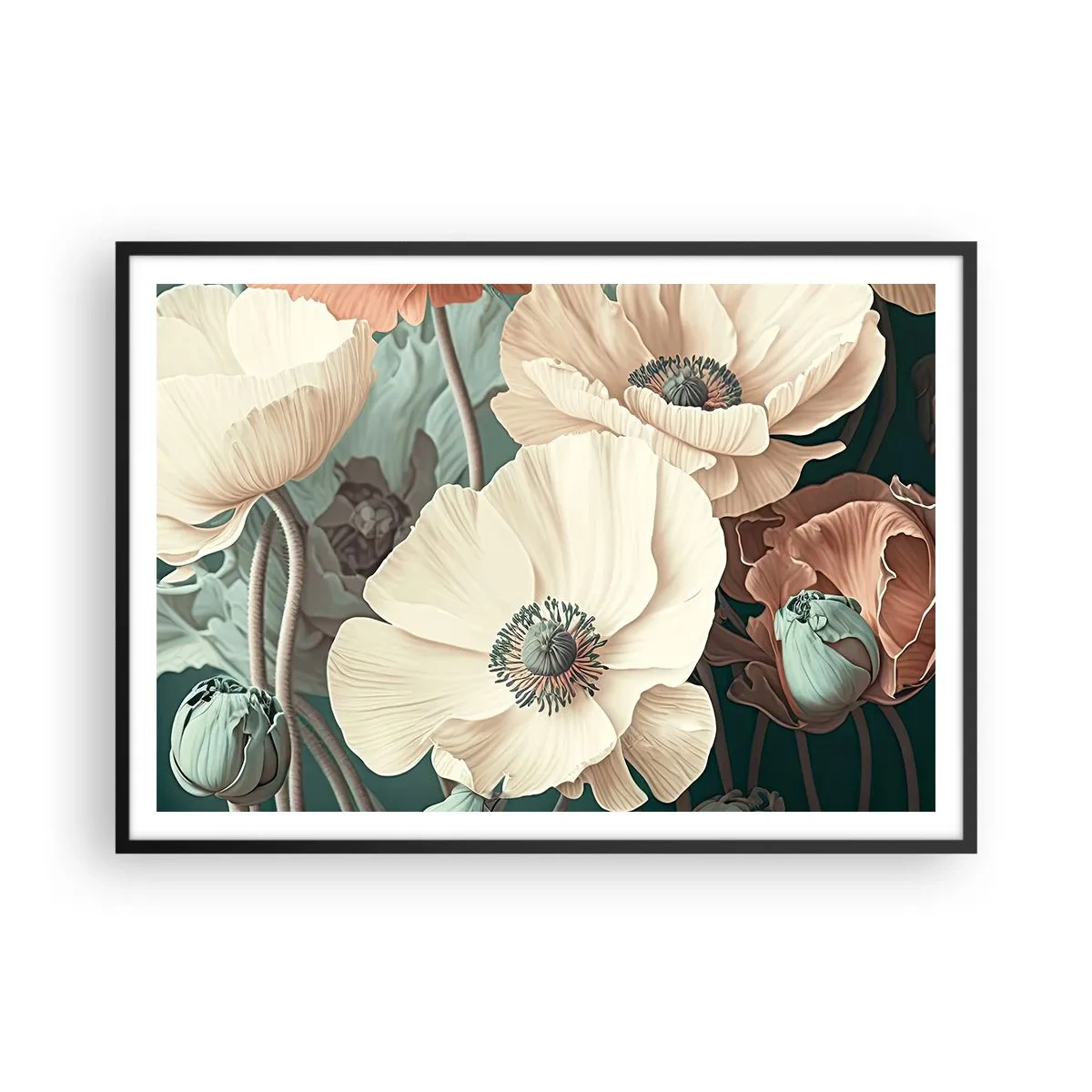 Affiche dans un cadre noir - Poster - Fleurs élégantes aux tons pastel sur fond vert - 100x70cm - Le murmure des coquelicots - Décoration murale moderne pour le salon et la chambre ARTTOR