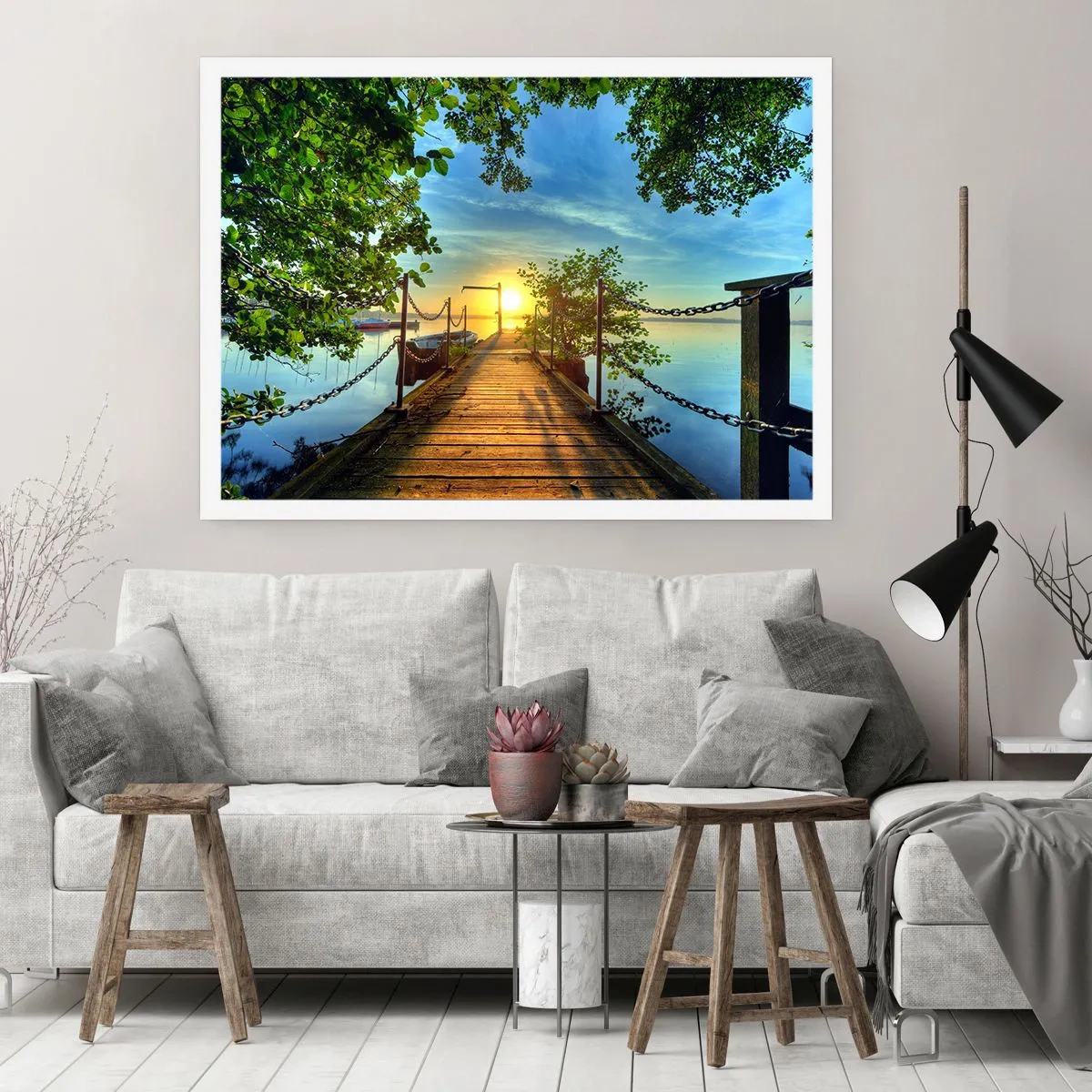 Affiche - Poster - Une jetée sur le lac dans les rayons du soleil couchant - 100x70cm - L'ouest au-dessus de l'eau - Décoration murale moderne pour le salon et la chambre ARTTOR