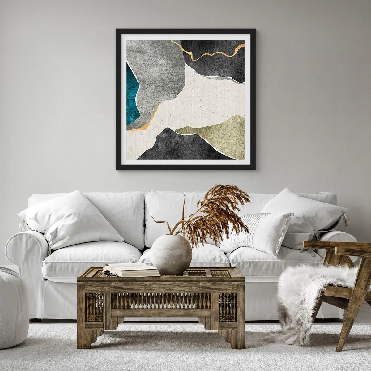 Affiche dans un cadre noir - Poster - Composition mosaïque avec un fil d'or - 60x60 cm