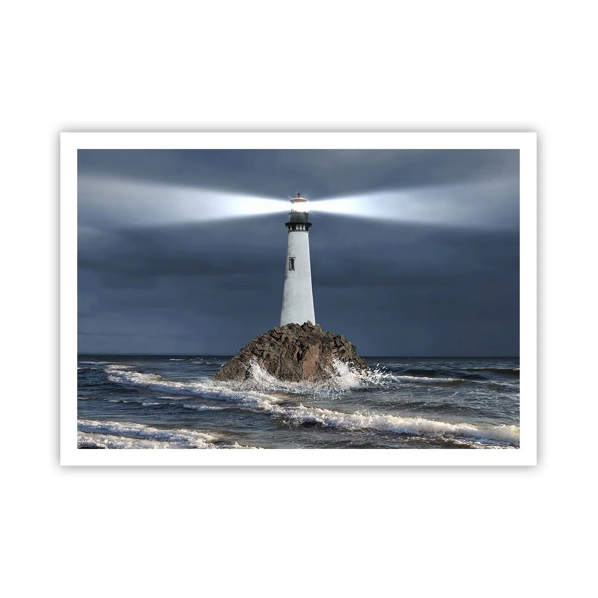 Affiche - Poster - Un phare sur un rocher entouré d'une mer agitée - 100x70cm - I… i… ici ! - Décoration murale moderne pour le salon et la chambre ARTTOR