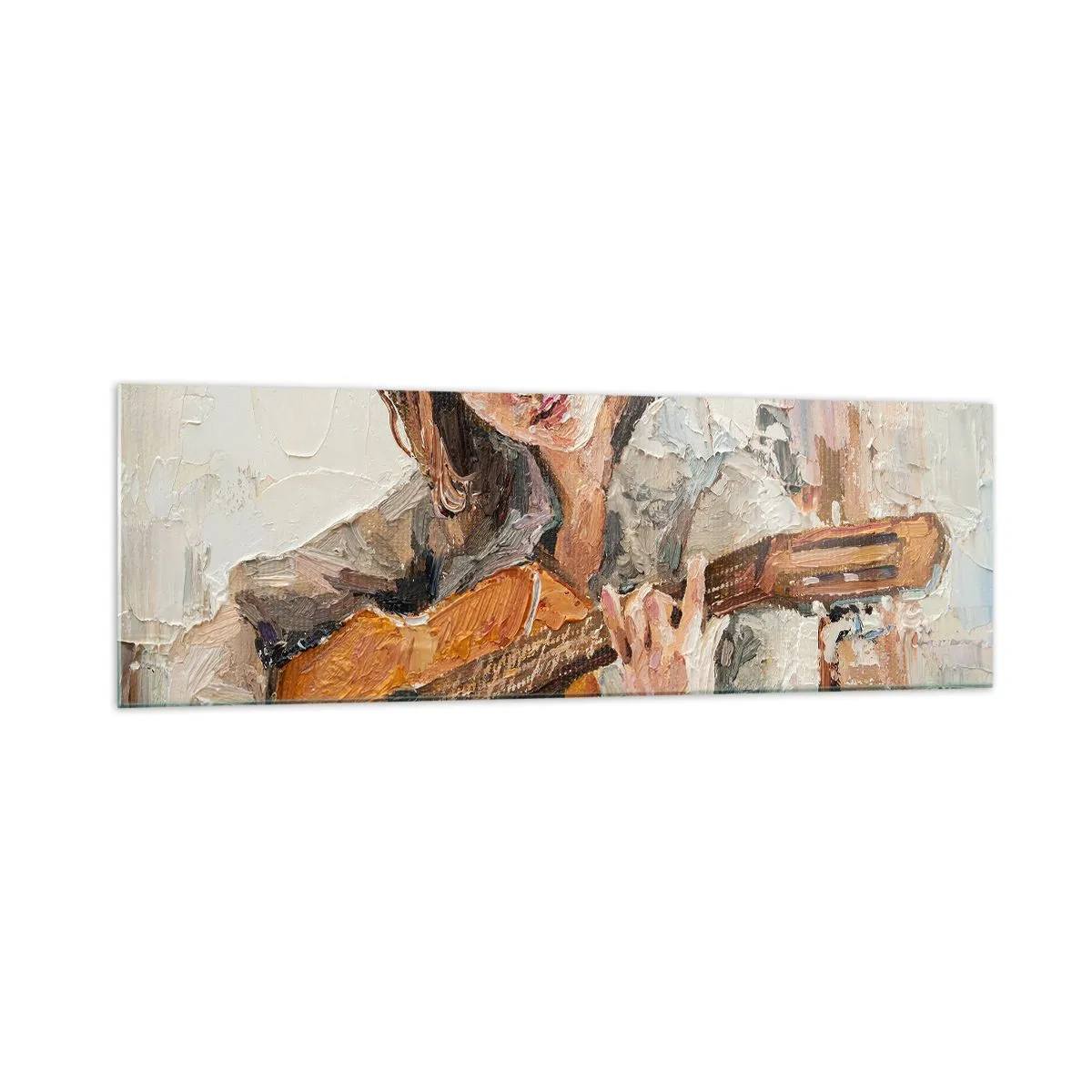 Impression sur verre - Image sur verre - Portrait d'une fille jouant de la guitare dans un style pictural aux couleurs chaudes. - 160x50cm - Concerto pour guitare et coeur de fille - Décoration murale moderne pour le salon et la chambre ARTTOR
