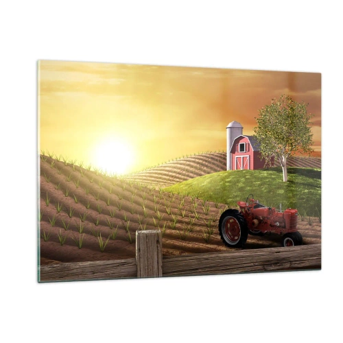Impression sur verre - Image sur verre - Coucher de soleil sur une ferme avec un champ et un tracteur - 120x80cm - Une ferme comme dans un conte de fées - Décoration murale moderne pour le salon et la chambre ARTTOR