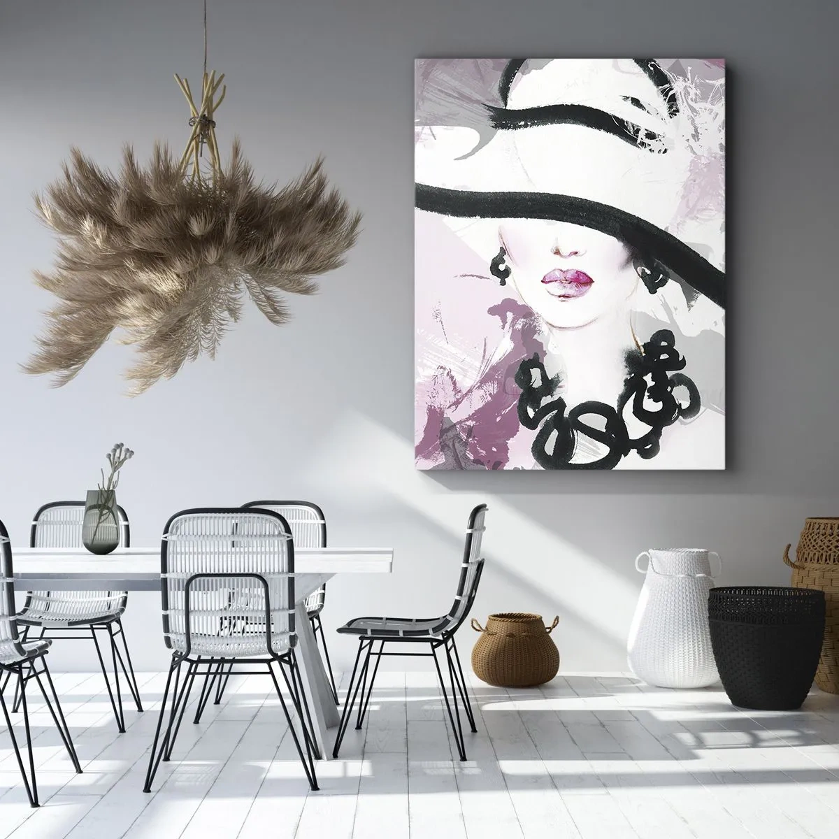 Impression sur toile - Image sur toile - Une femme élégante avec un chapeau sur un fond d'abstractions roses. - 50x70cm - Portrait d'une dame en noir et rose - Décoration murale moderne pour le salon et la chambre ARTTOR