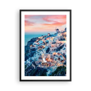 Affiche dans un cadre noir - Poster - Vue pittoresque des maisons illuminées de Santorin au coucher du soleil - 50x70cm - Vos grandes vacances en Grèce - Décoration murale moderne pour le salon et la chambre ARTTOR
