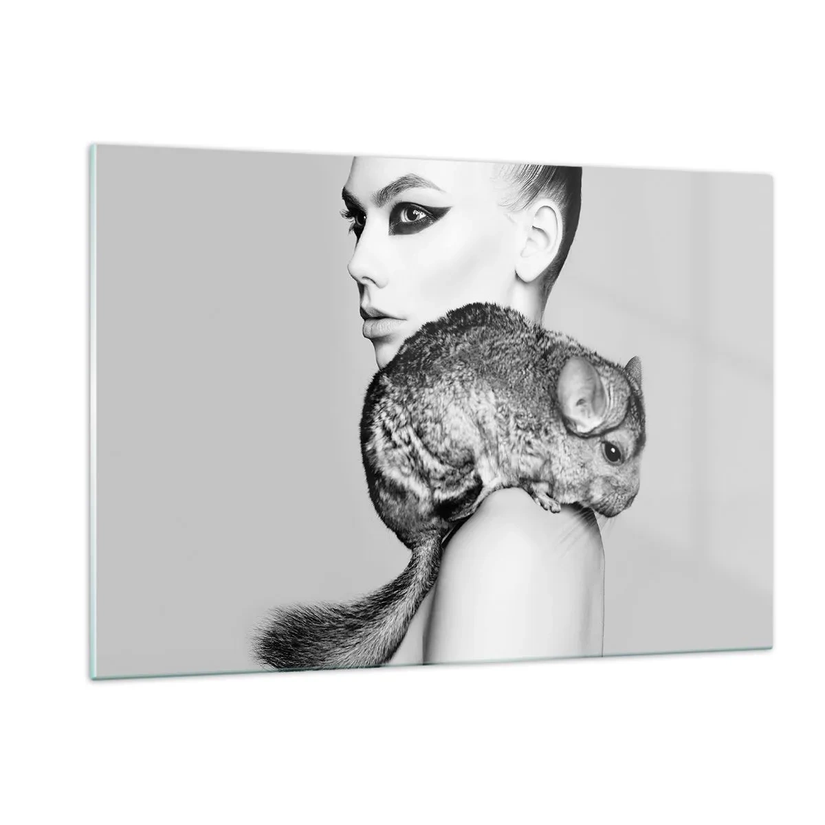 Impression sur verre - Image sur verre - Portrait d'une femme avec un chinchilla en noir et blanc - 120x80cm - Dame au chinchilla - Décoration murale moderne pour le salon et la chambre ARTTOR