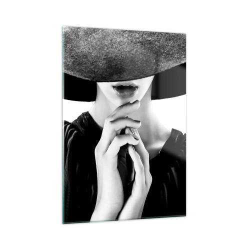 Impression sur verre - Image sur verre - Femme élégante en noir avec un chapeau couvrant son visage - 50x70cm - Beauté cachée - Décoration murale moderne pour le salon et la chambre ARTTOR