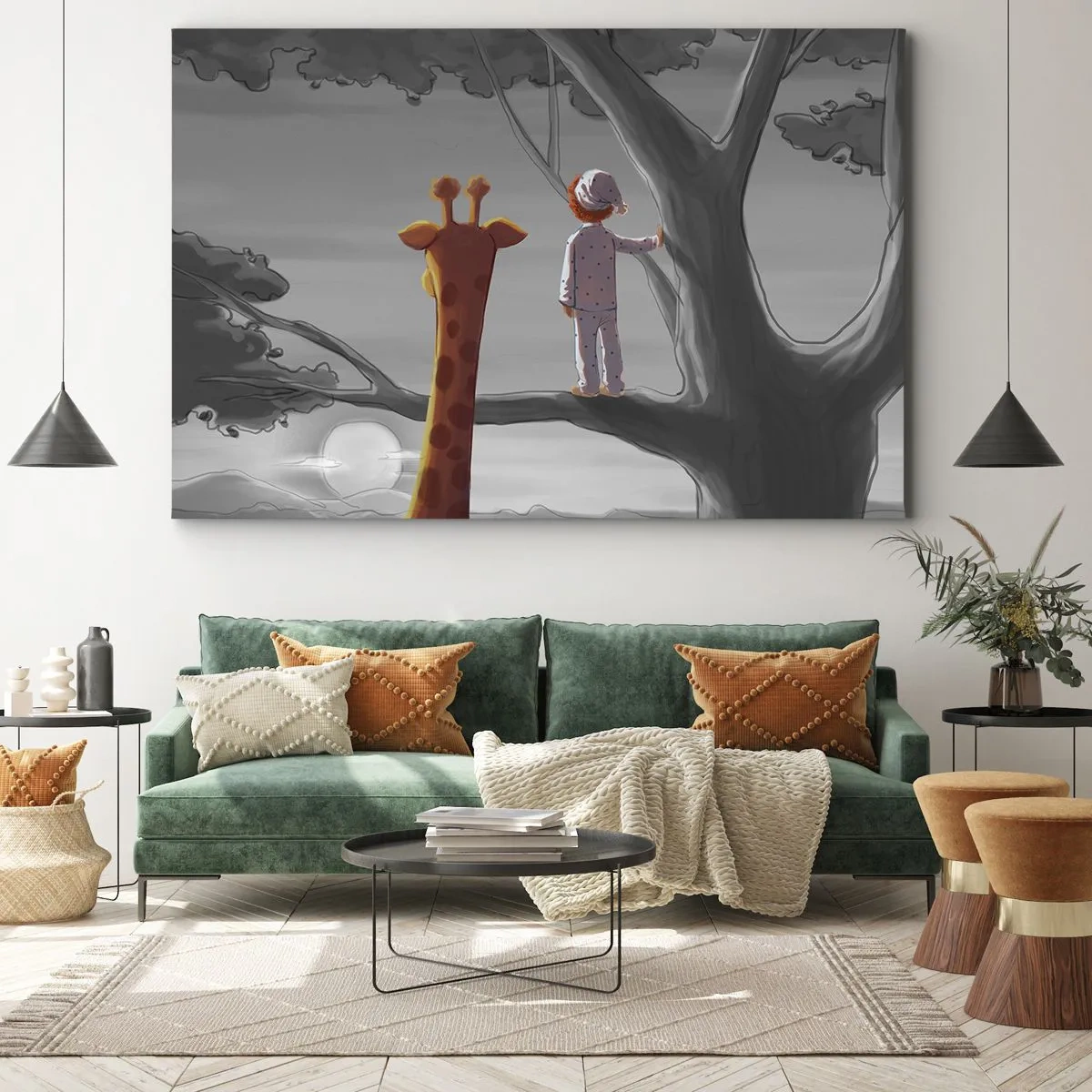 Impression sur toile - Image sur toile - Un enfant et une girafe sur une branche d'arbre dans un paysage de conte de fées - 120x80cm - Cela arrive vraiment - Décoration murale moderne pour le salon et la chambre ARTTOR