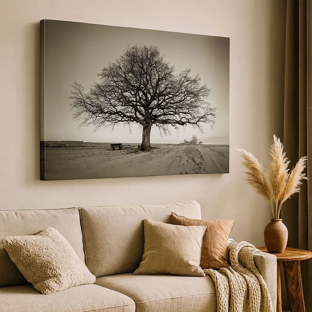 Impression sur toile - Image sur toile - Un arbre solitaire dans un champ de sépia - 70x50cm - D'ici à l'éternité - Décoration murale moderne pour le salon et la chambre ARTTOR