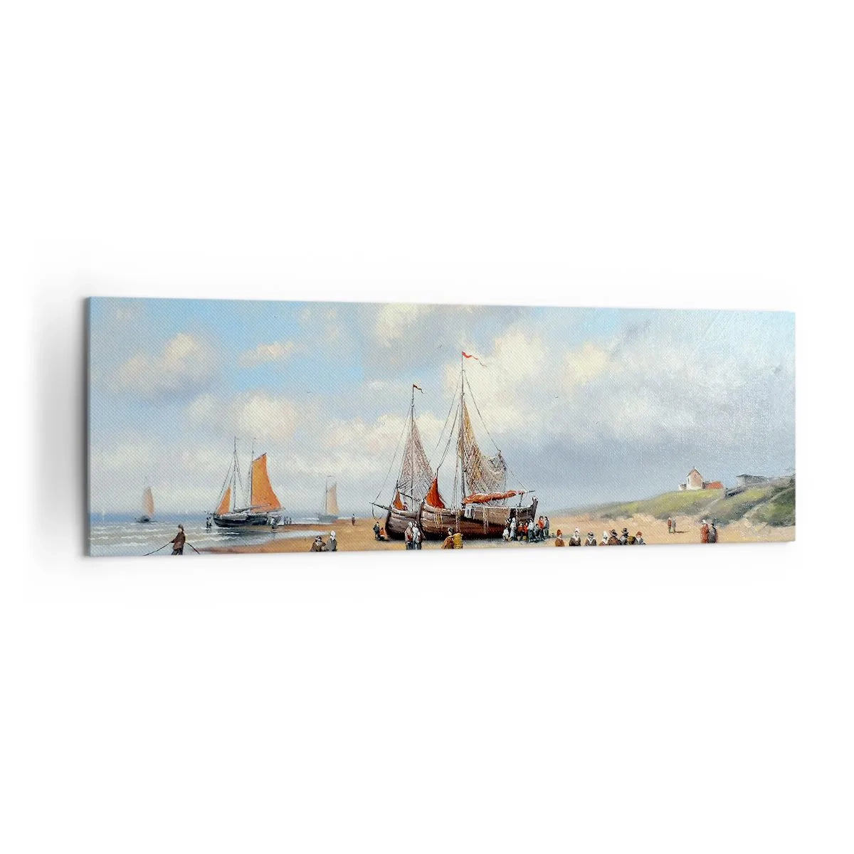 Impression sur toile - Image sur toile - Bateaux de pêche sur la plage avec des figures humaines - 160x50cm - Après une capture réussie - Décoration murale moderne pour le salon et la chambre ARTTOR