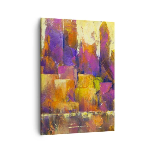 Impression sur toile - Image sur toile - Composition abstraite d'une métropole dans les tons jaune et violet - 50x70cm - Composition métropolitaine - Décoration murale moderne pour le salon et la chambre ARTTOR