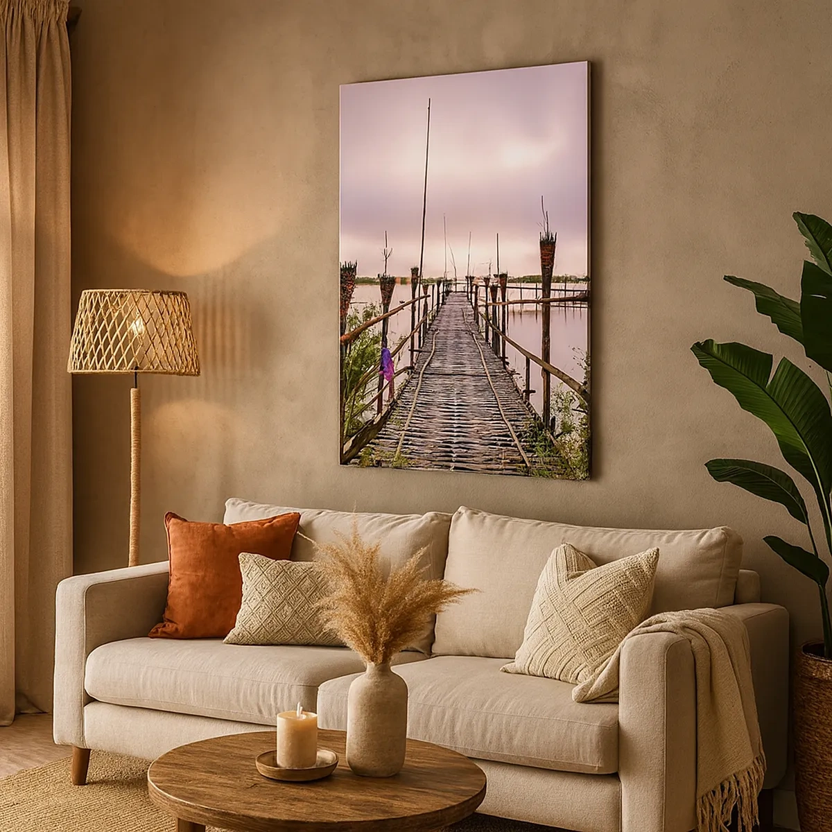 Impression sur toile - Image sur toile - Pont de bambou sur l'eau à l'aube - 50x70cm - Le silence et le calme d'Asie - Décoration murale moderne pour le salon et la chambre ARTTOR