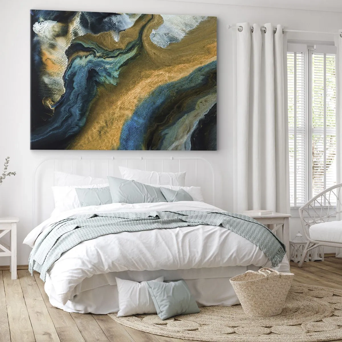 Impression sur toile - Image sur toile - Vagues abstraites dans des tons d'or et de bleu - 70x50cm - Bleu - jaune - influences mutuelles - Décoration murale moderne pour le salon et la chambre ARTTOR