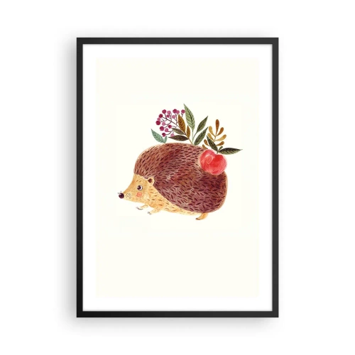 Affiche dans un cadre noir - Poster - Un hérisson mignon avec une pomme et des brindilles sur un fond clair - 50x70cm - Et tu m’apprécies déjà - Décoration murale moderne pour le salon et la chambre ARTTOR