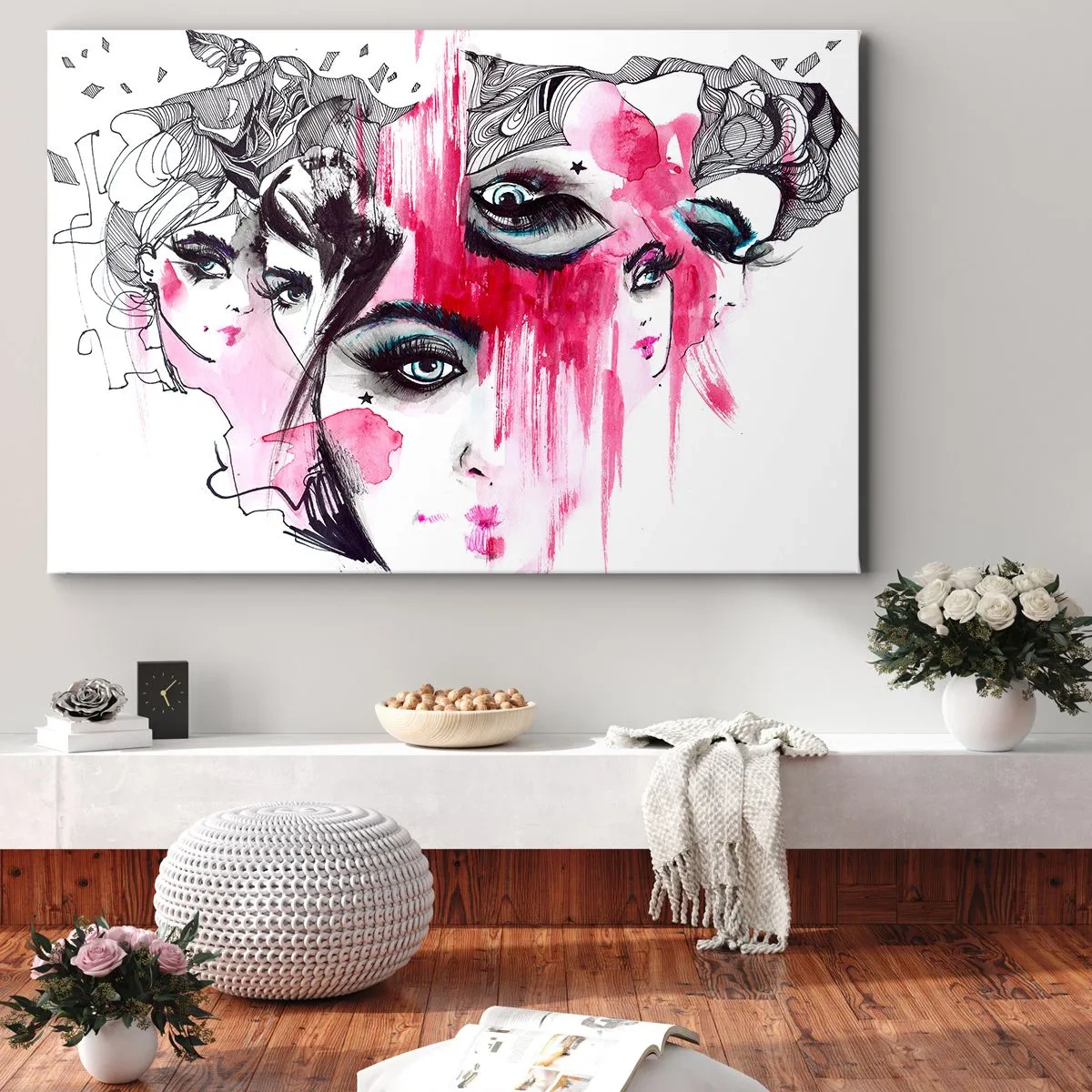 Impression sur toile - Image sur toile - Visage abstrait dans les tons de rose et de noir - 100x70cm - Yeux abstraits - Décoration murale moderne pour le salon et la chambre ARTTOR