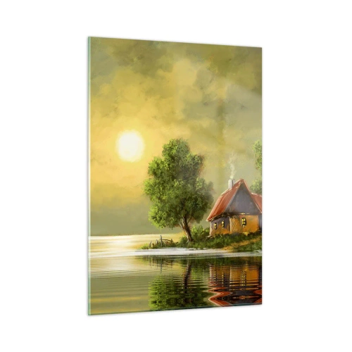 Impression sur verre - Image sur verre - Un paysage pittoresque avec un chalet au bord du lac au coucher du soleil - 50x70cm - Beau, comme une image - Décoration murale moderne pour le salon et la chambre ARTTOR