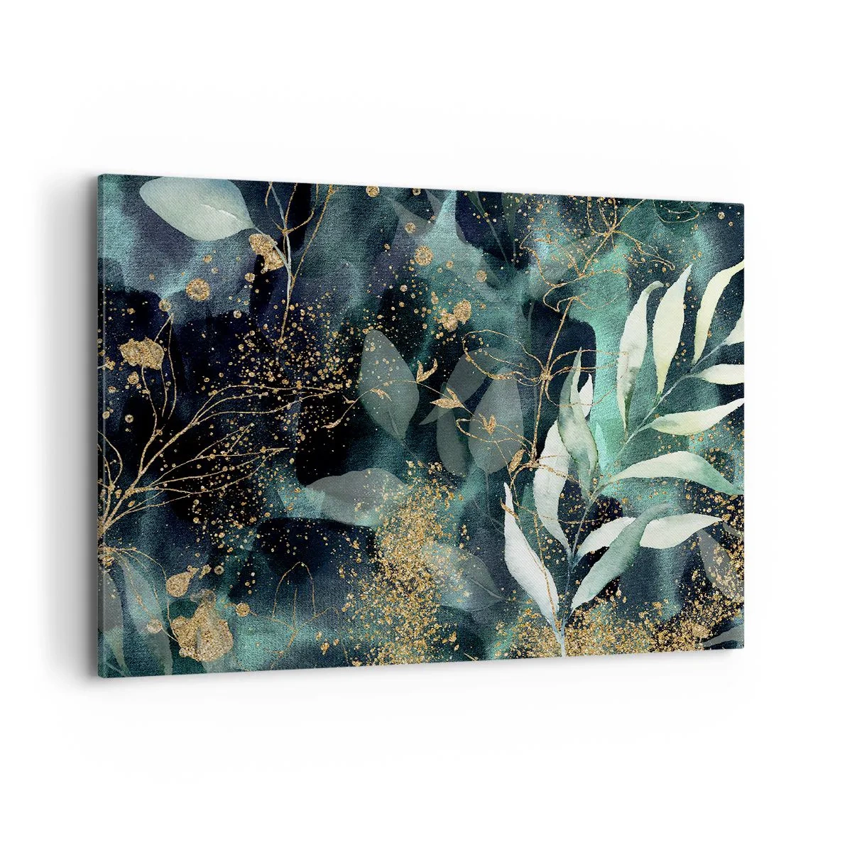 Impression sur toile - Image sur toile - Feuilles élégantes sur un fond sombre avec des accents dorés - 100x70cm - Jardin magique - Décoration murale moderne pour le salon et la chambre ARTTOR