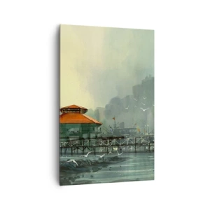 Impression sur toile - Image sur toile - Bâtiments portuaires dans un paysage pluvieux avec des mouettes - 80x120cm - Une journée ensoleillée au port - Décoration murale moderne pour le salon et la chambre ARTTOR