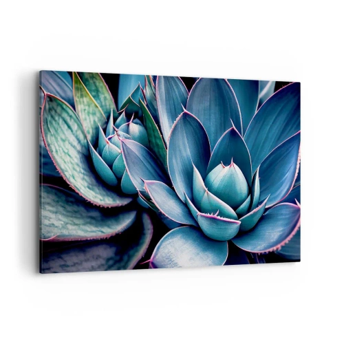 Impression sur toile - Image sur toile - Agave dans des tons de bleu et de vert avec des accents roses - 120x80cm - Force vital - Décoration murale moderne pour le salon et la chambre ARTTOR