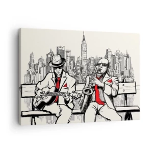 Impression sur toile - Image sur toile - Un duo de jazz avec saxophone et guitare sur fond de ville - 70x50cm - improvisation new-yorkaise - Décoration murale moderne pour le salon et la chambre ARTTOR