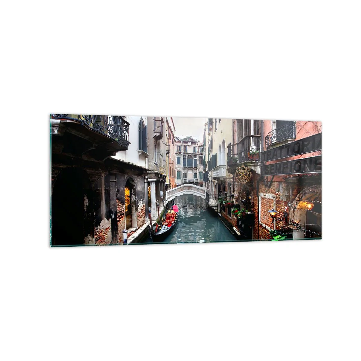 Impression sur verre - Image sur verre - Un canal à Venise avec une gondole et des bâtiments historiques - 120x50cm - Paysage vénitien avec une gondole et un pont - Décoration murale moderne pour le salon et la chambre ARTTOR