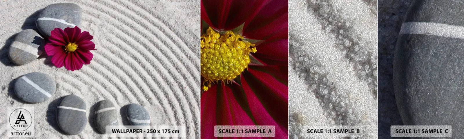 Échantillon de Papier Peint Premium Sand - Énergie et paix du cercle magique de la nature - Fleurs, Sable, Des pierres - 100x30 cm