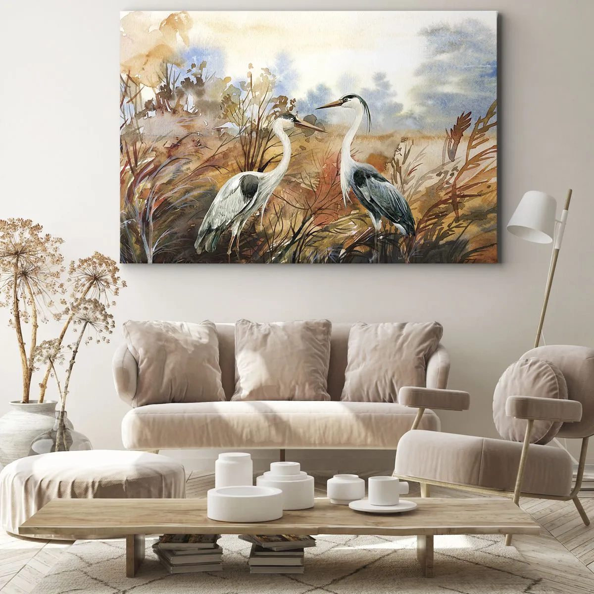 Impression sur toile - Image sur toile - Deux hérons sur fond de paysage d'automne - 120x80cm - Jusqu'où en automne ? - Décoration murale moderne pour le salon et la chambre ARTTOR