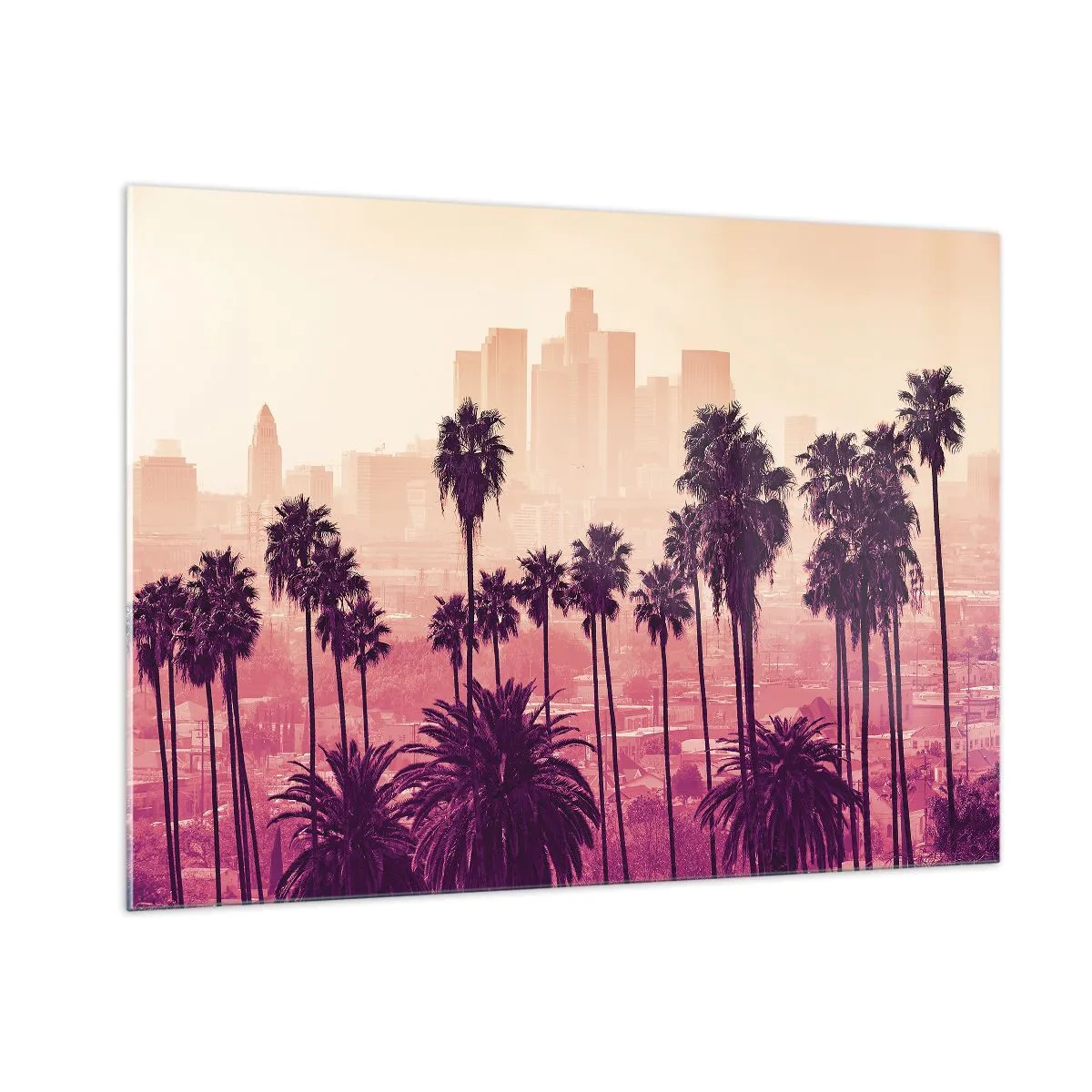 Impression sur verre - Image sur verre - Palmiers sur fond de skyline de la ville dans des tons chauds de coucher de soleil - 100x70cm - Paysage californien - Décoration murale moderne pour le salon et la chambre ARTTOR