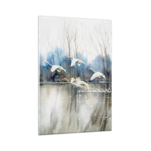 Impression sur verre - Image sur verre - Cygnes en vol au-dessus d'un lac gelé dans un paysage hivernal - 80x120cm - Comme dans un conte de fées sur les cygnes sauvages - Décoration murale moderne pour le salon et la chambre ARTTOR
