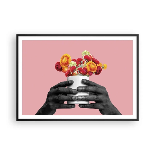 Affiche dans un cadre noir - Poster - Mains tenant un bouquet de fleurs colorées - 100x70cm - Apothéose de la vie - Décoration murale moderne pour le salon et la chambre ARTTOR