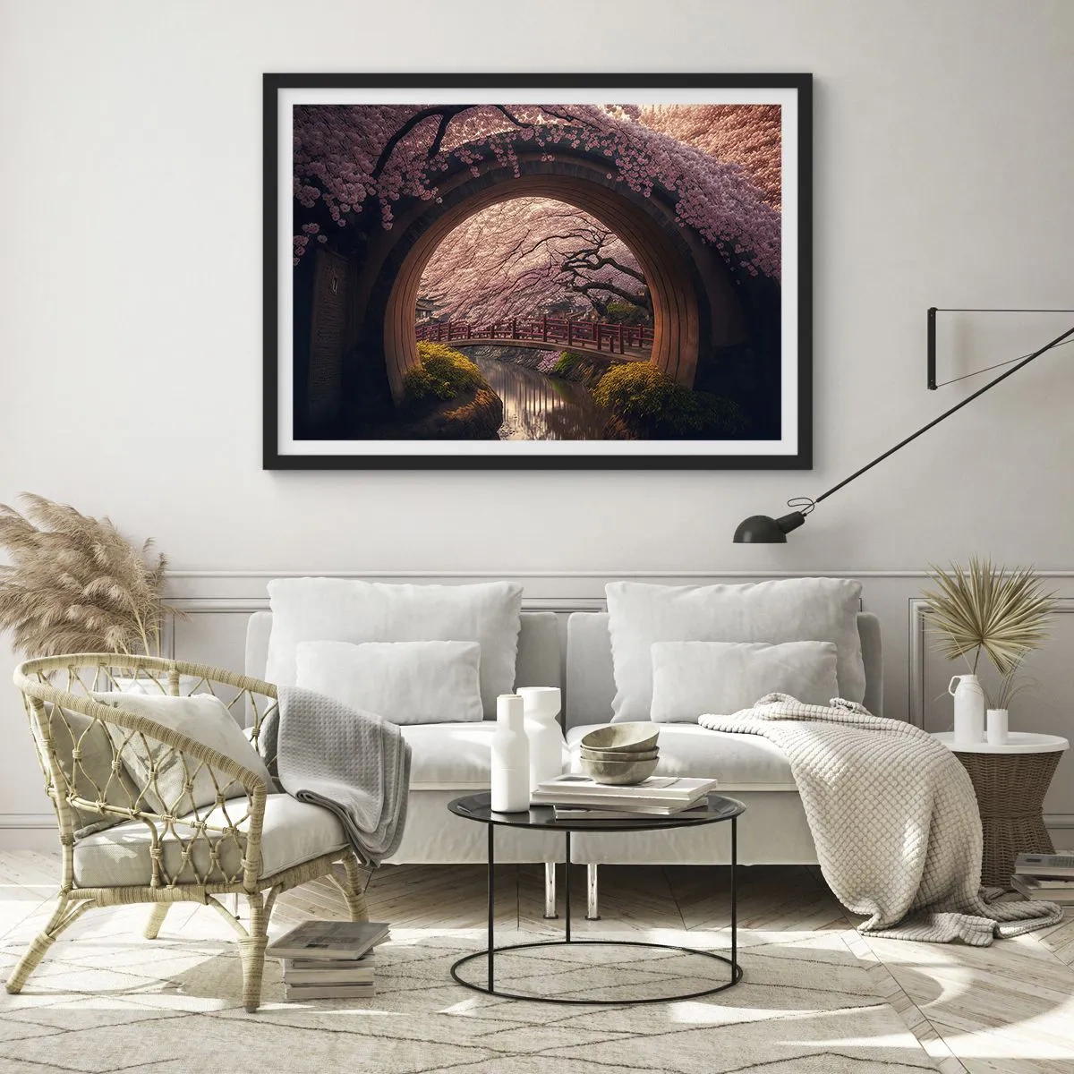 Affiche dans un cadre noir - Poster - Un pont japonais traditionnel entouré de fleurs de cerisier - 70x50cm - Printemps japonais - Décoration murale moderne pour le salon et la chambre ARTTOR