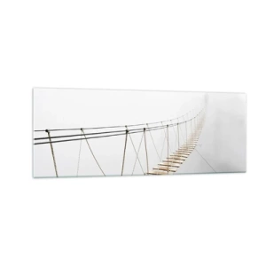 Impression sur verre - Image sur verre - Un pont suspendu dans le brouillard vu d'une perspective minimaliste - 140x50cm - Où cela va-t-il te mener? - Décoration murale moderne pour le salon et la chambre ARTTOR