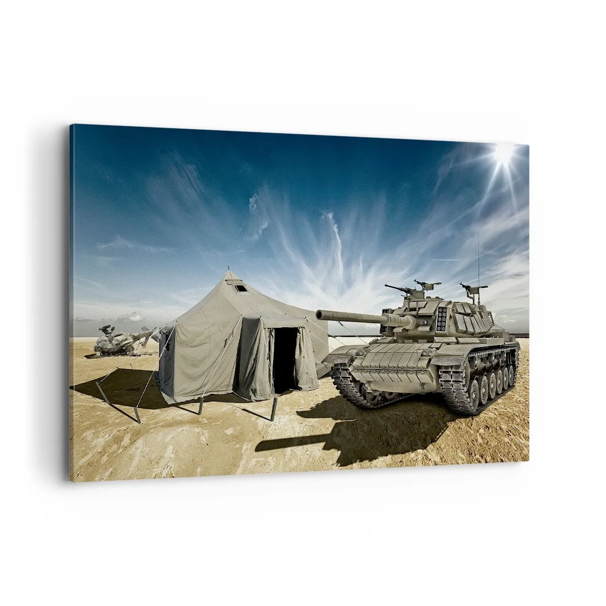 Impression sur toile - Image sur toile - Un char à côté d'une tente militaire dans une zone désertique - 120x80cm - Un rêve militaire - Décoration murale moderne pour le salon et la chambre ARTTOR