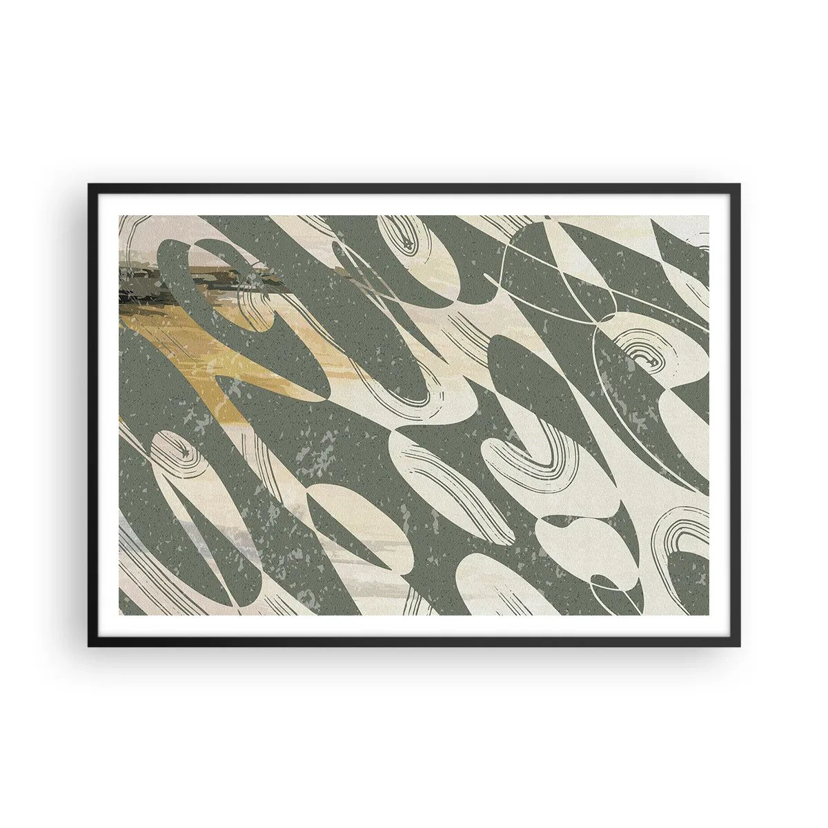 Affiche dans un cadre noir - Poster - Formes dynamiques dans des tons de vert et d'or - 100x70cm - Abstraction rythmique - Décoration murale moderne pour le salon et la chambre ARTTOR