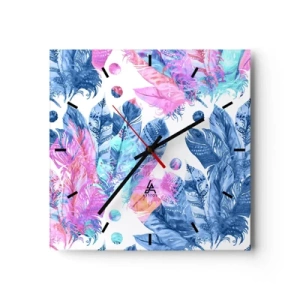 Horloge murale - Pendule murale - Plumes en rose et bleu - 40x40 cm