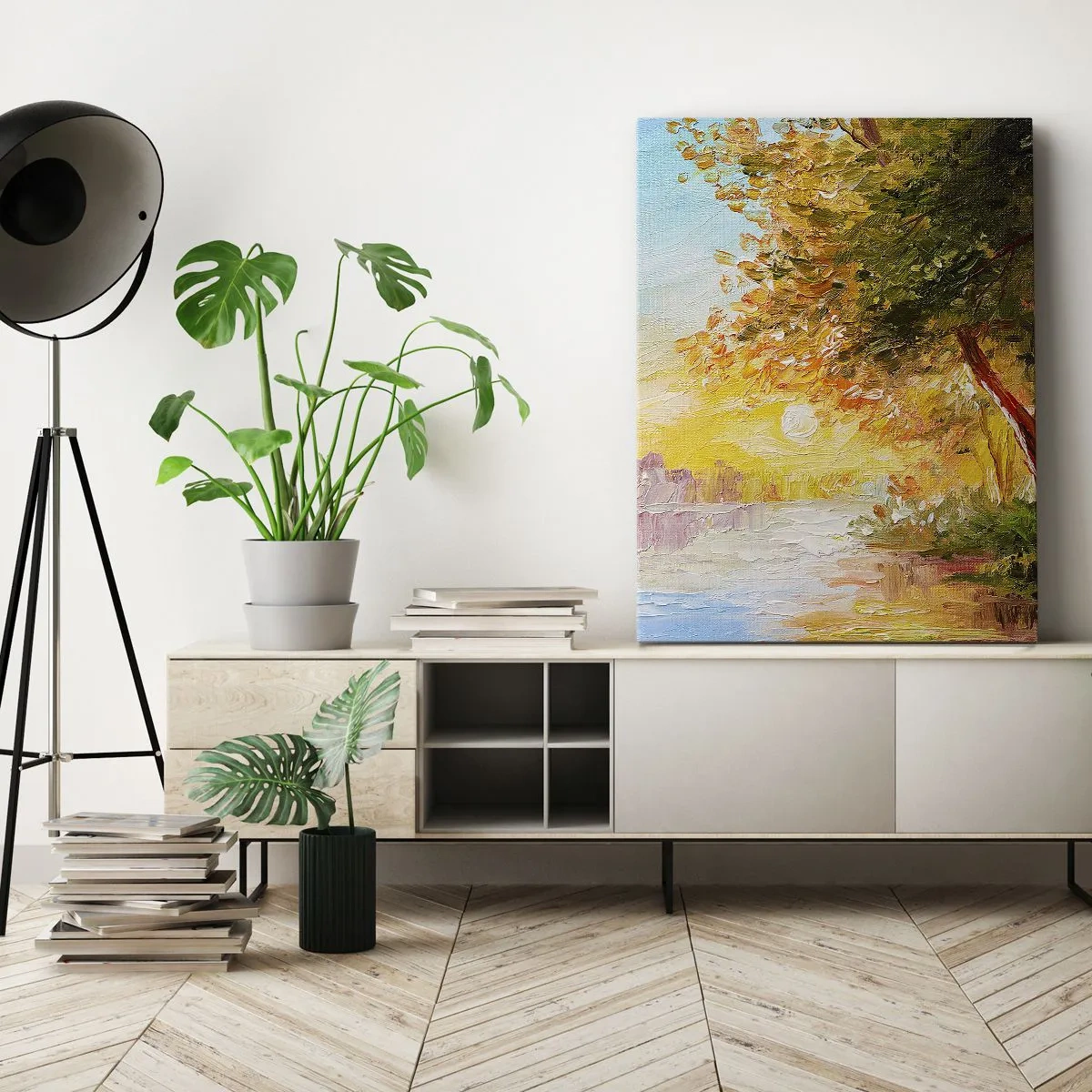 Impression sur toile - Image sur toile - Un paysage pittoresque avec une rivière et des arbres au coucher du soleil - 50x70cm - Et in Arcadia ego - Décoration murale moderne pour le salon et la chambre ARTTOR
