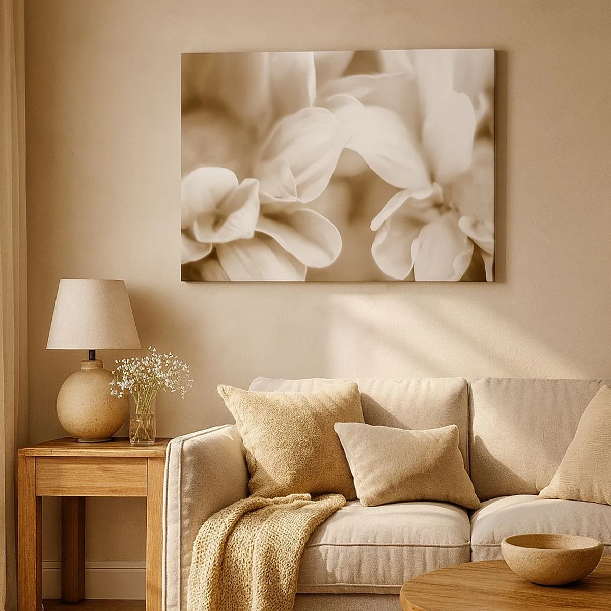 Impression sur toile - Image sur toile - Gros plan de fleurs dans un ton sépia délicat avec des contours doux - 70x50cm - Doux comme un sourire - Décoration murale moderne pour le salon et la chambre ARTTOR