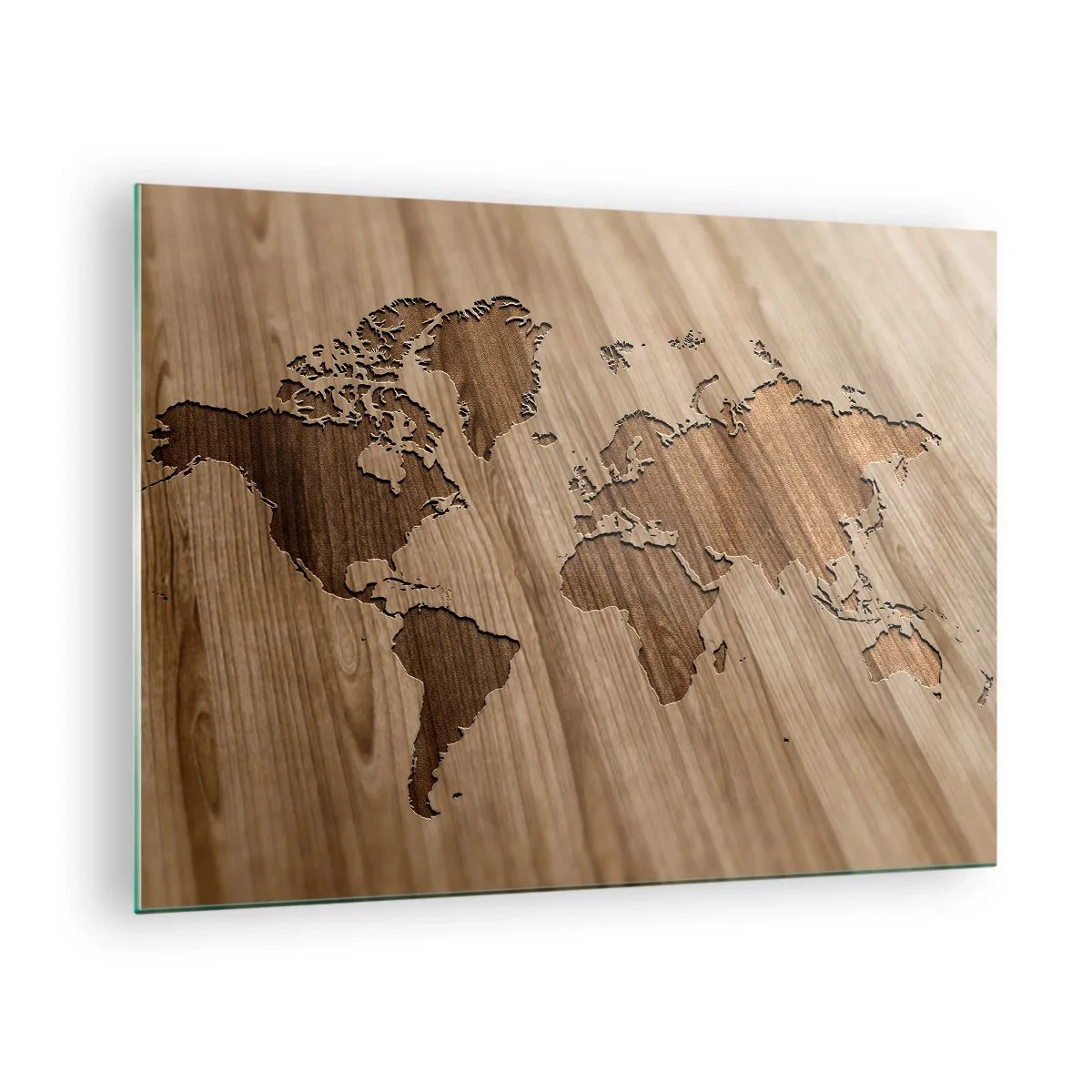 Impression sur verre - Image sur verre - Une carte du monde découpée dans une surface en bois - 70x50cm - Le monde est sur la table - Décoration murale moderne pour le salon et la chambre ARTTOR