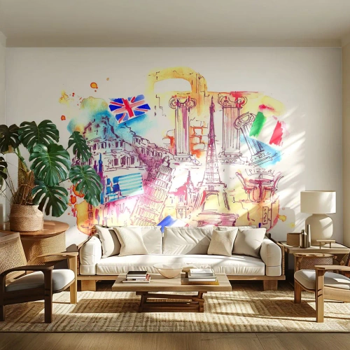 Papier Peint Photo Premium Sand - Symboles européens dans une composition à l'aquarelle - 100x70cm - Tournée européenne - Décoration murale moderne pour le salon et la chambre ARTTOR