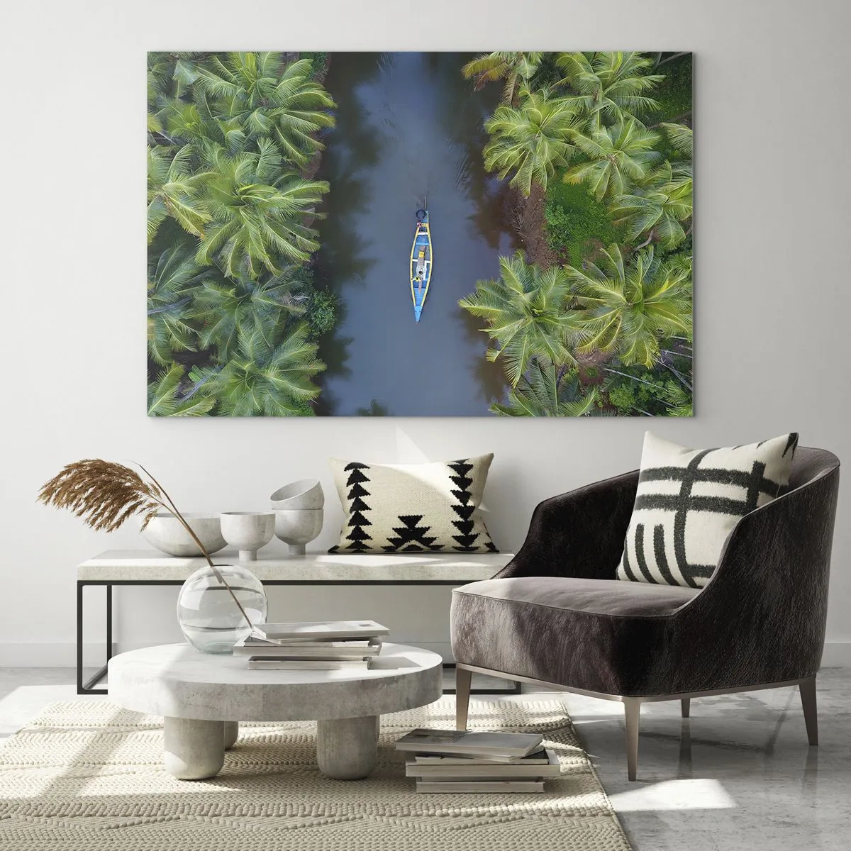 Impression sur verre - Image sur verre - Vue aérienne d'un bateau naviguant dans un canal parmi des palmiers tropicaux - 100x70cm - Sur un sentier tropical - Décoration murale moderne pour le salon et la chambre ARTTOR