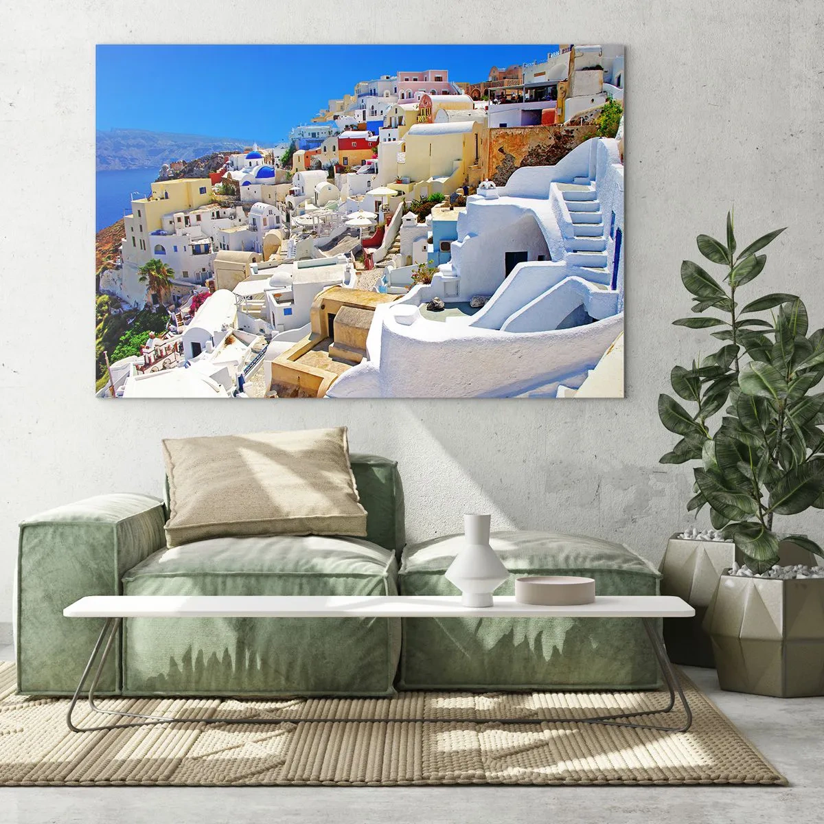 Impression sur verre - Image sur verre - Santorin avec des maisons blanches contre un ciel bleu - 70x50cm - Le rêve d'un été grec - Décoration murale moderne pour le salon et la chambre ARTTOR