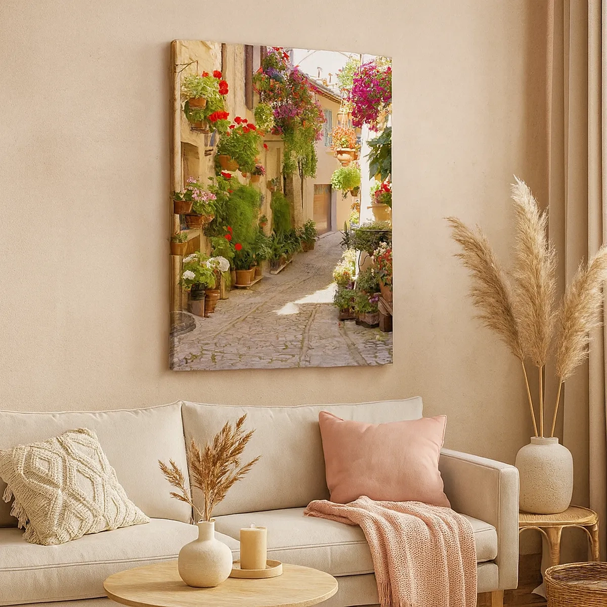 Impression sur toile - Image sur toile - Une rue avec des pots de fleurs et des murs de pierre - 50x70cm - Une inondation de fleurs  - Décoration murale moderne pour le salon et la chambre ARTTOR
