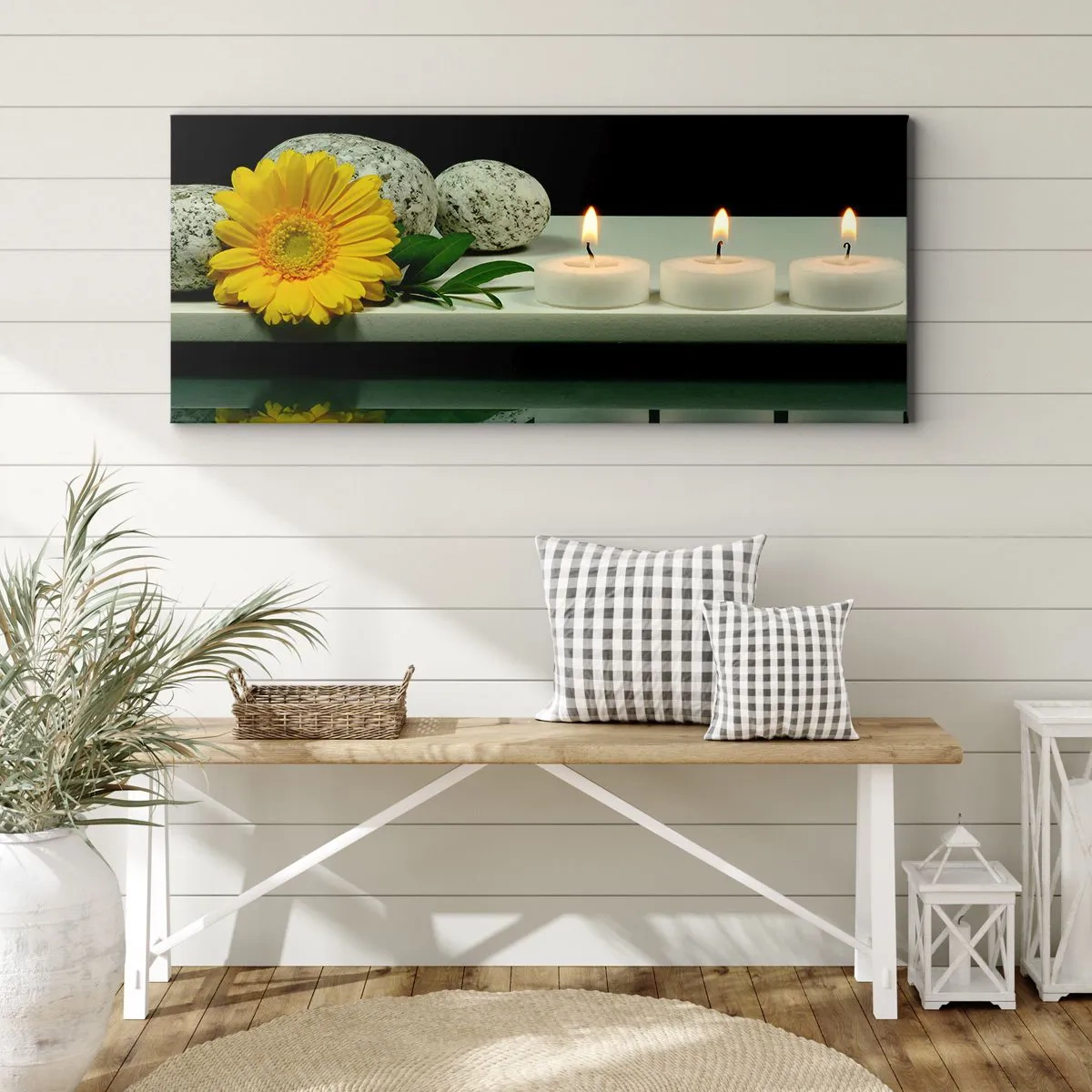 Impression sur toile - Image sur toile - Fleur jaune, bougies et pierres sur fond d'eau - 120x50cm - Apaisement des sens - Décoration murale moderne pour le salon et la chambre ARTTOR