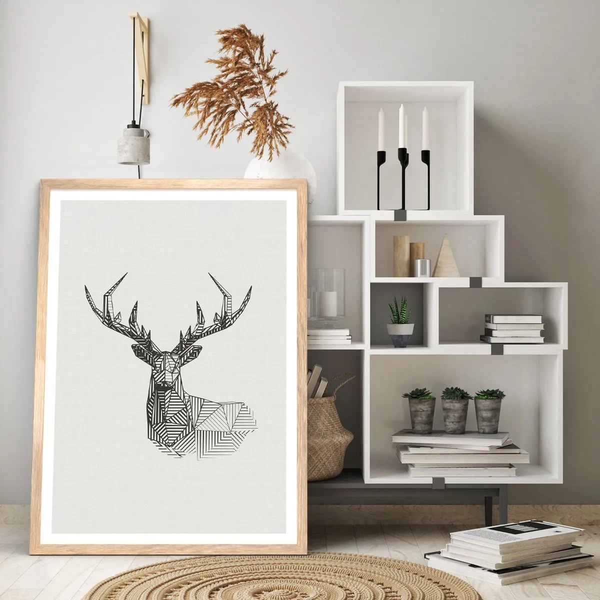 Affiche dans un chêne clair - Poster - Cerf dans un style cubique - 30x40 cm