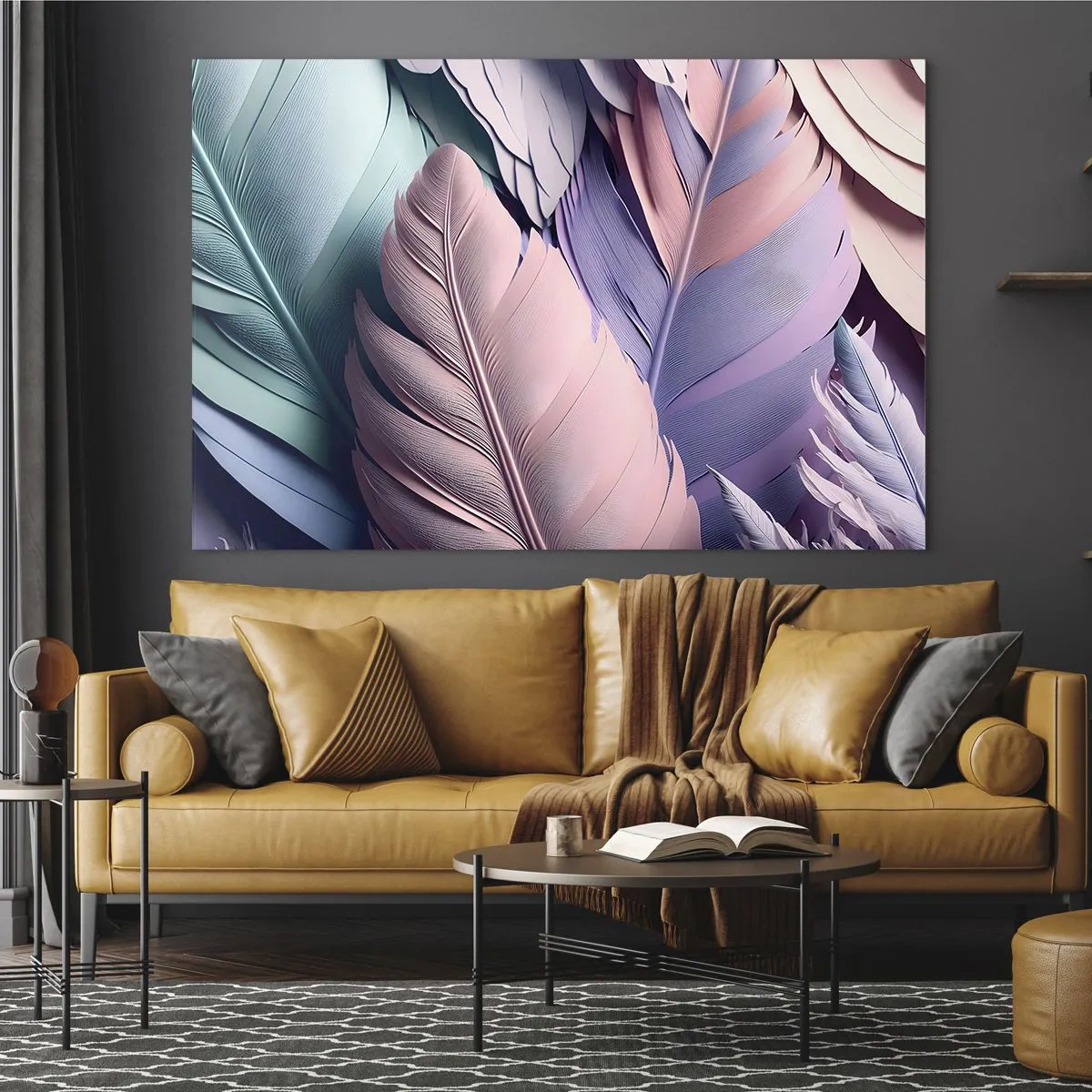 Impression sur verre - Image sur verre - Plumes pastel dans les tons de rose, violet et turquoise - 120x80cm - Oiseau chic - Décoration murale moderne pour le salon et la chambre ARTTOR