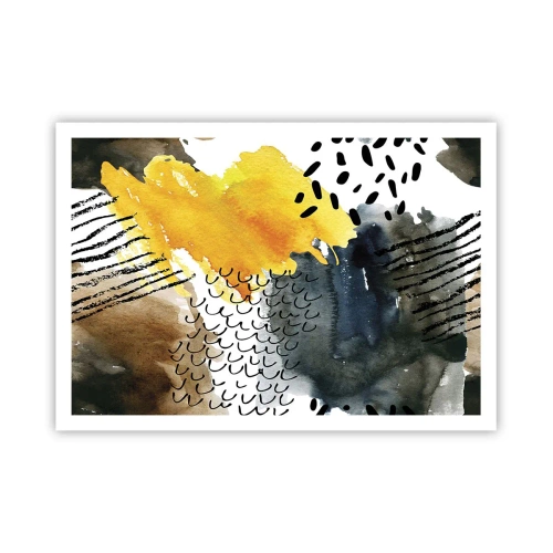 Affiche - Poster - Une composition abstraite avec des accents jaunes et des motifs graphiques. - 100x70cm - Rencontre des éléments - Décoration murale moderne pour le salon et la chambre ARTTOR