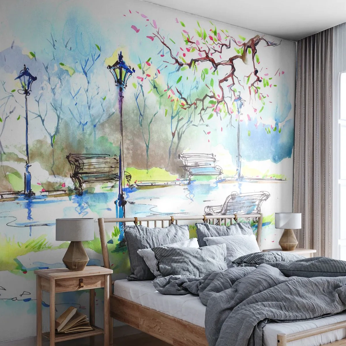 Papier Peint Photo Standard Eco - Un parc romantique avec des bancs et des lanternes à l'aquarelle - 100x70cm - Le charme du silence d'un parc - Décoration murale moderne pour le salon et la chambre ARTTOR