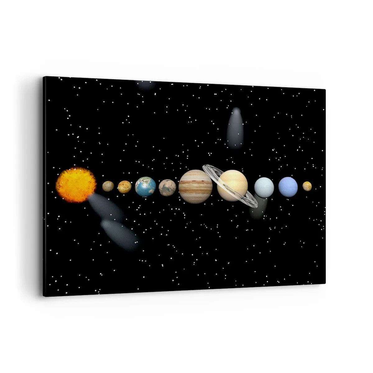 Impression sur toile - Image sur toile - Le système solaire avec des planètes sur fond d'étoiles dans l'espace - 120x80cm - Et les planètes sont folles, sont folles... - Décoration murale moderne pour le salon et la chambre ARTTOR