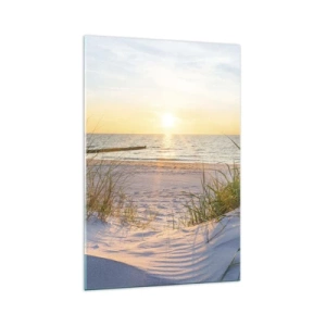 Impression sur verre - Image sur verre - Une plage de sable avec vue sur le coucher de soleil sur la mer - 70x100cm - Le bruit de la mer, le chant des oiseaux, une plage sauvage parmi les herbes… - Décoration murale moderne pour le salon et la chambre ART