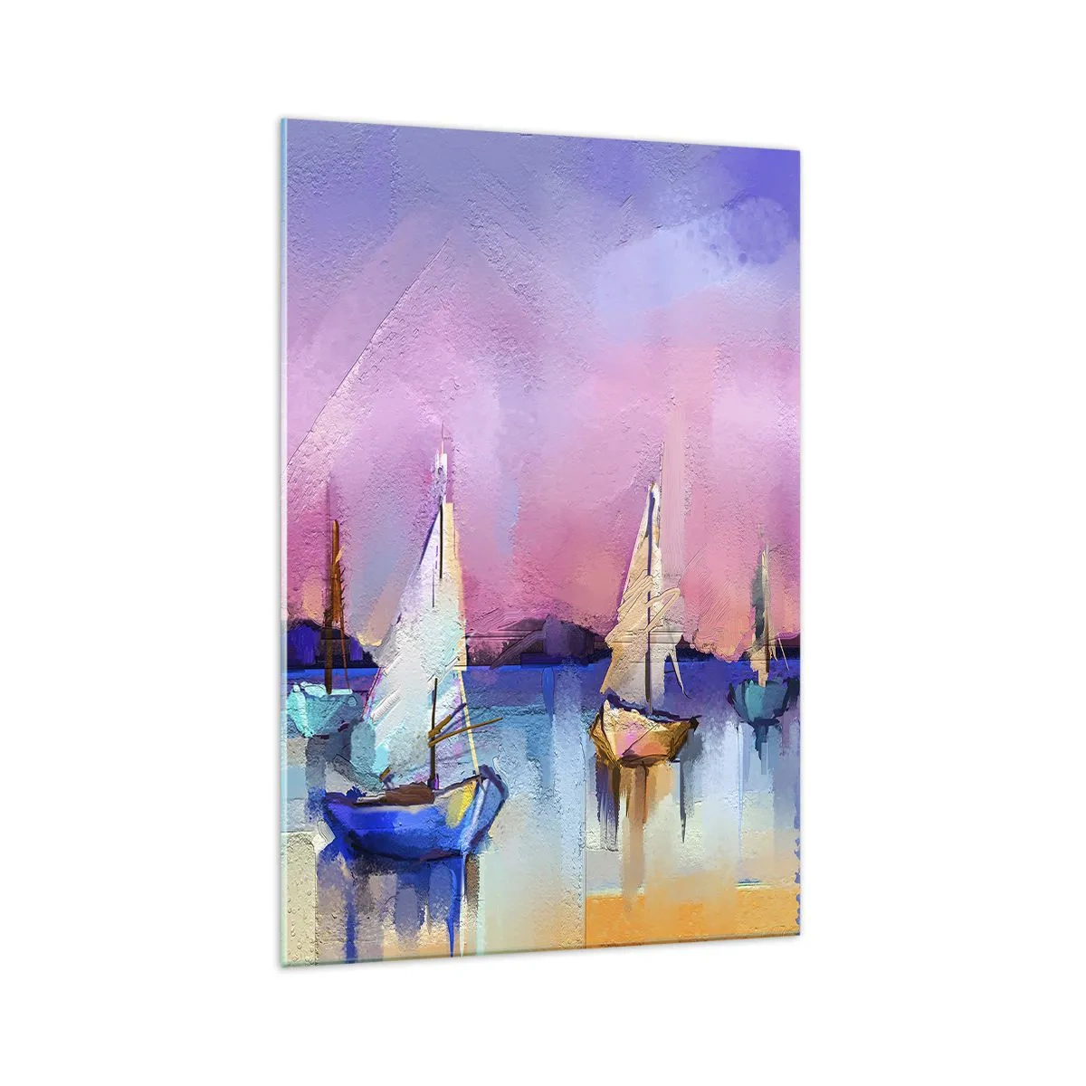 Impression sur verre - Image sur verre - Voiliers sur une mer calme aux couleurs pastel du coucher de soleil - 70x100cm - Direction: les eaux larges - Décoration murale moderne pour le salon et la chambre ARTTOR