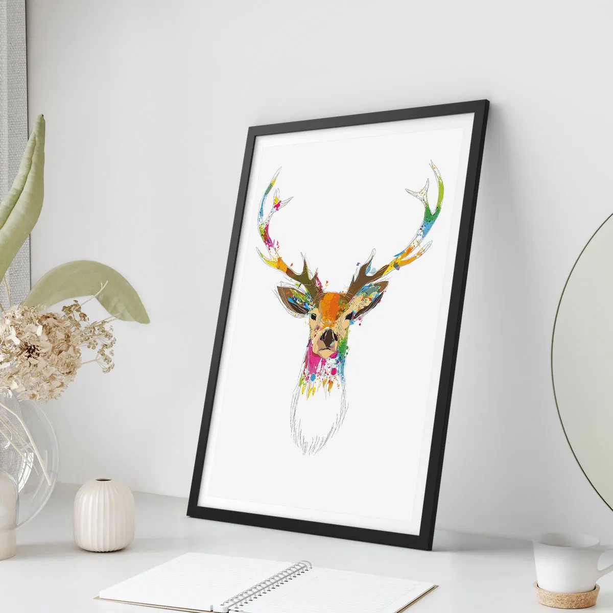 Affiche dans un cadre noir - Poster - Un cerf doux baigné de couleur - 30x40 cm